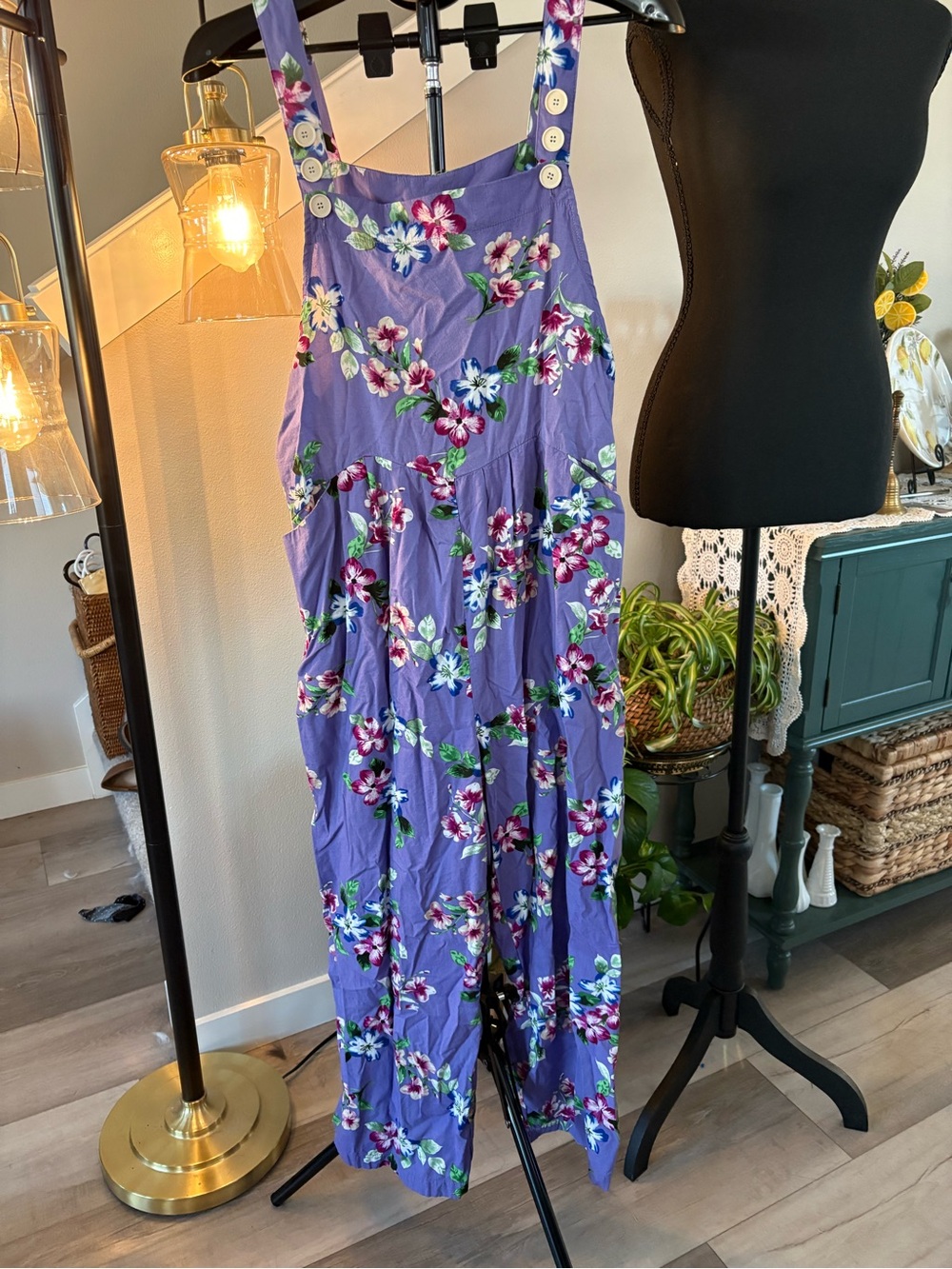 Purple Floral Button-Strap Women's Jumpsuit Romper
